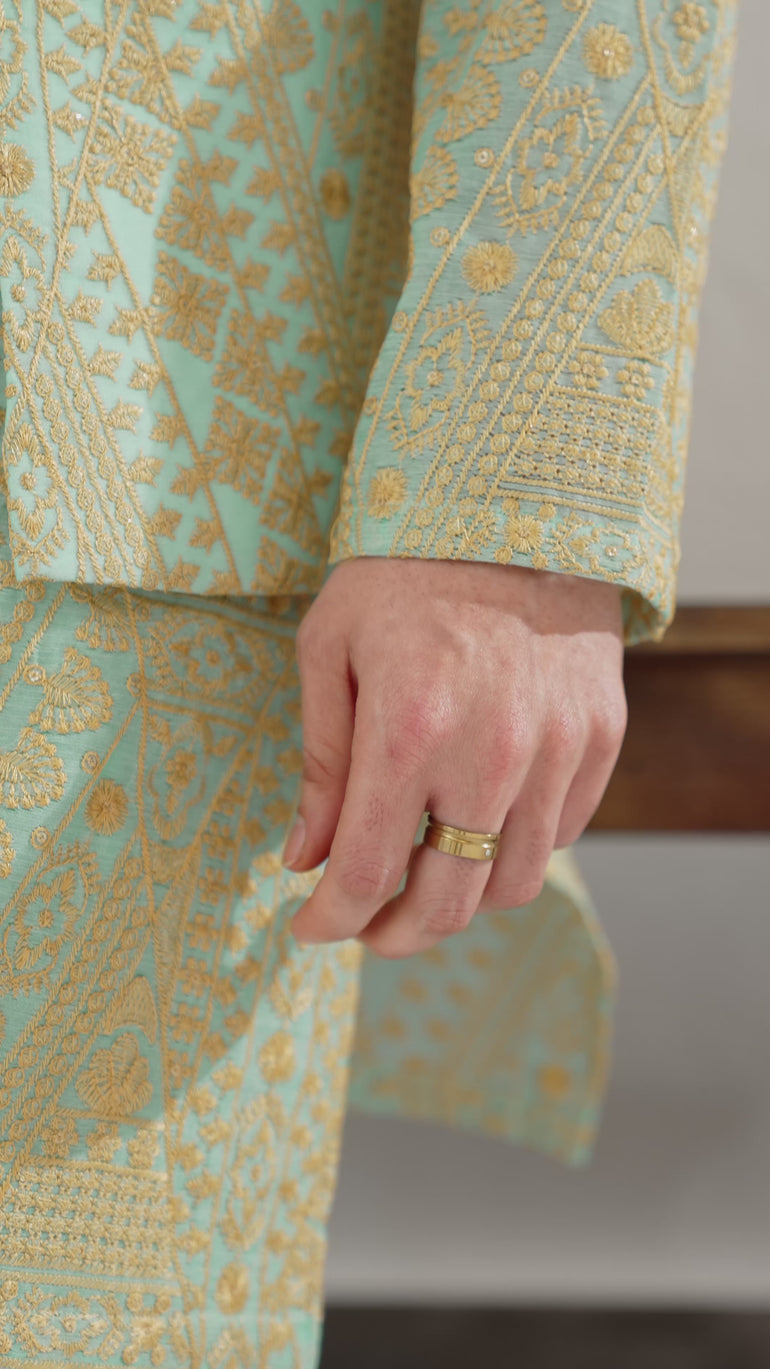 Mint Green & Gold Tarqee Kurta Pajama Clothing Humayunalamgir
