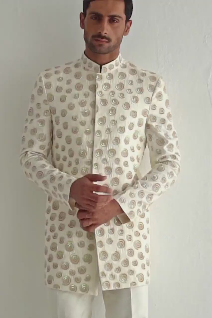 IVORY RAW SILK PRINCE SUIT Humayunalamgir