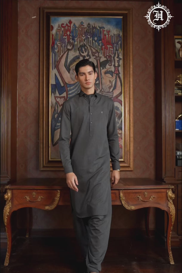 CHARCOAL GREY SELF TEXTURE WASH N WEAR SHALWAR KAMEEZ Clothing Humayunalamgir