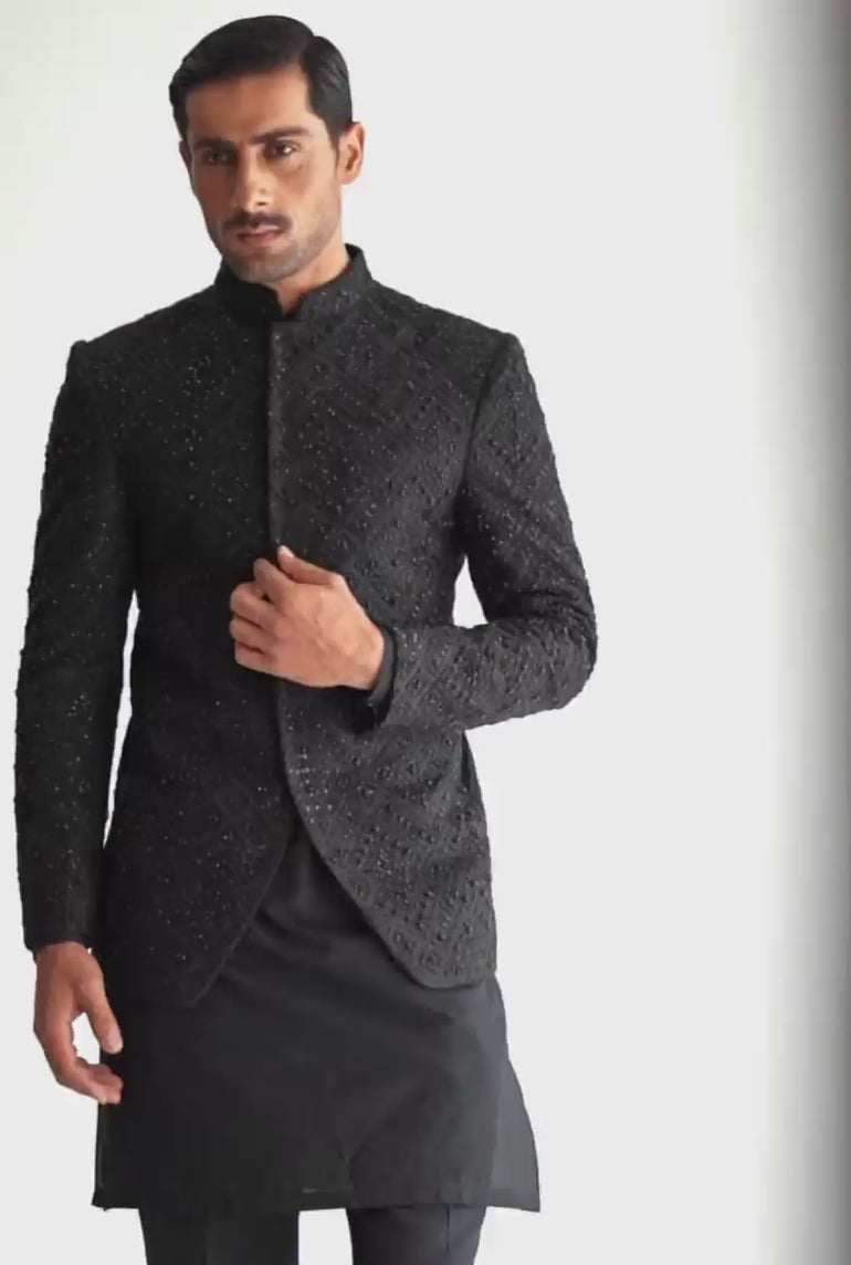 BLACK EMBROIDERED BEATS PRINCE COAT Humayunalamgir