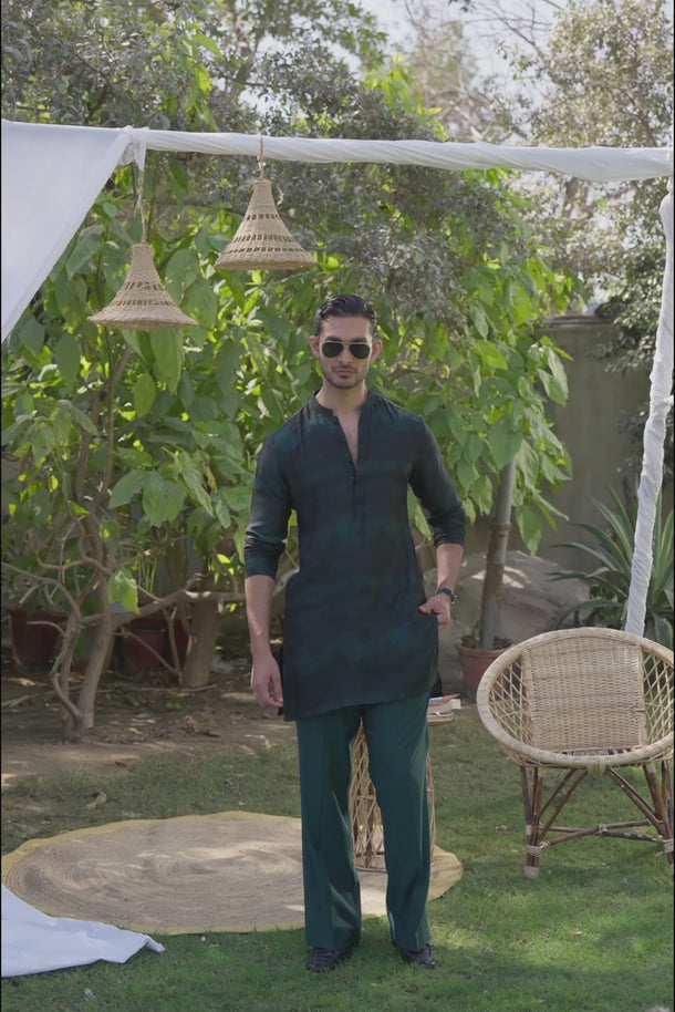 Green & Black Muhazzab Kurta pajama Clothing Humayunalamgir
