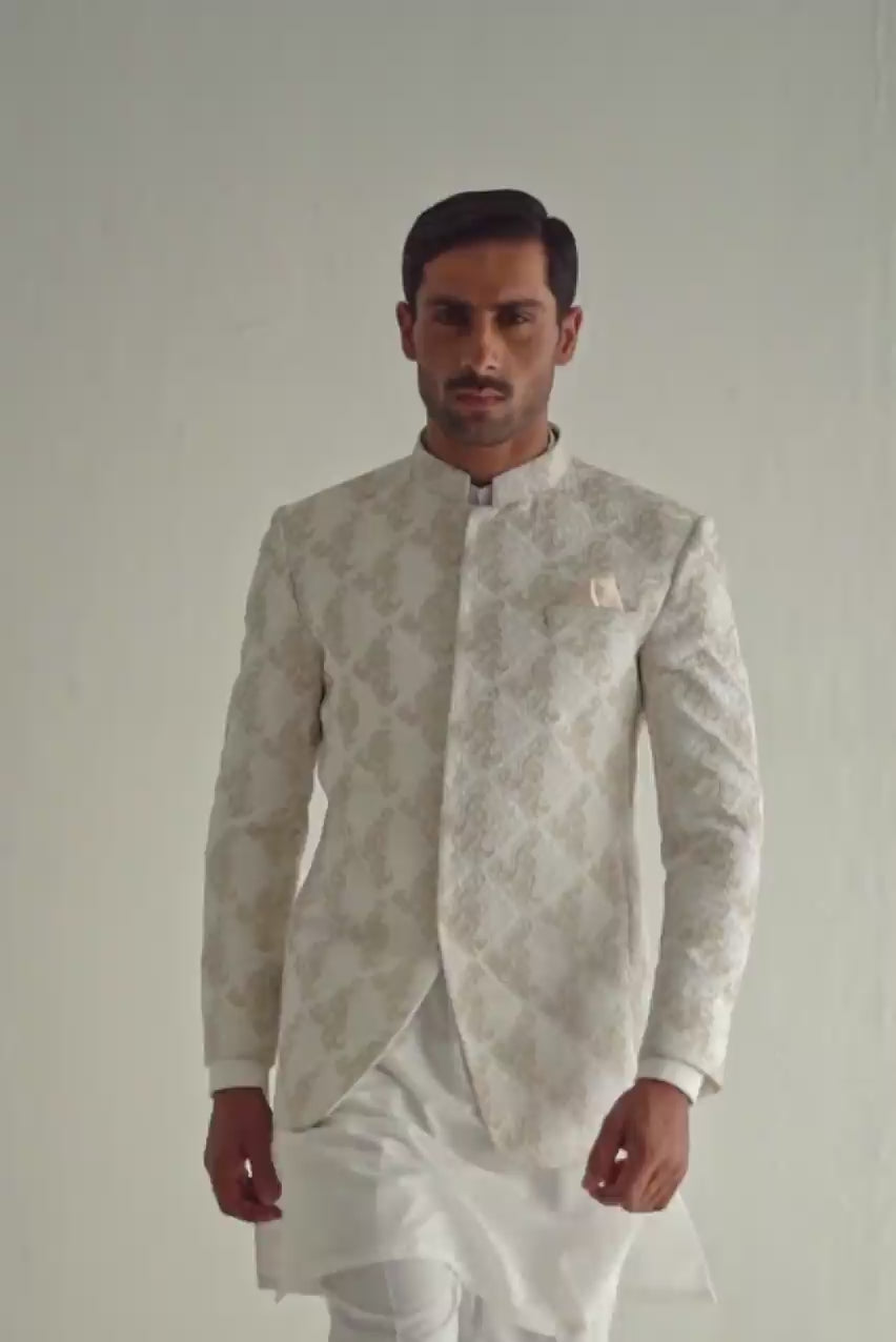 White Golden Embossed Prince Coat Humayunalamgir