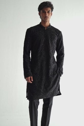 BLACK EMBOSSED, EMBROIDERED KURTA PAJAMA Humayunalamgir