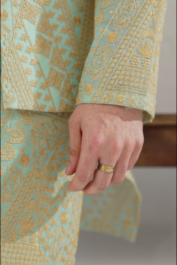 Mint Green & Gold Tarqee Kurta Pajama Clothing Humayunalamgir
