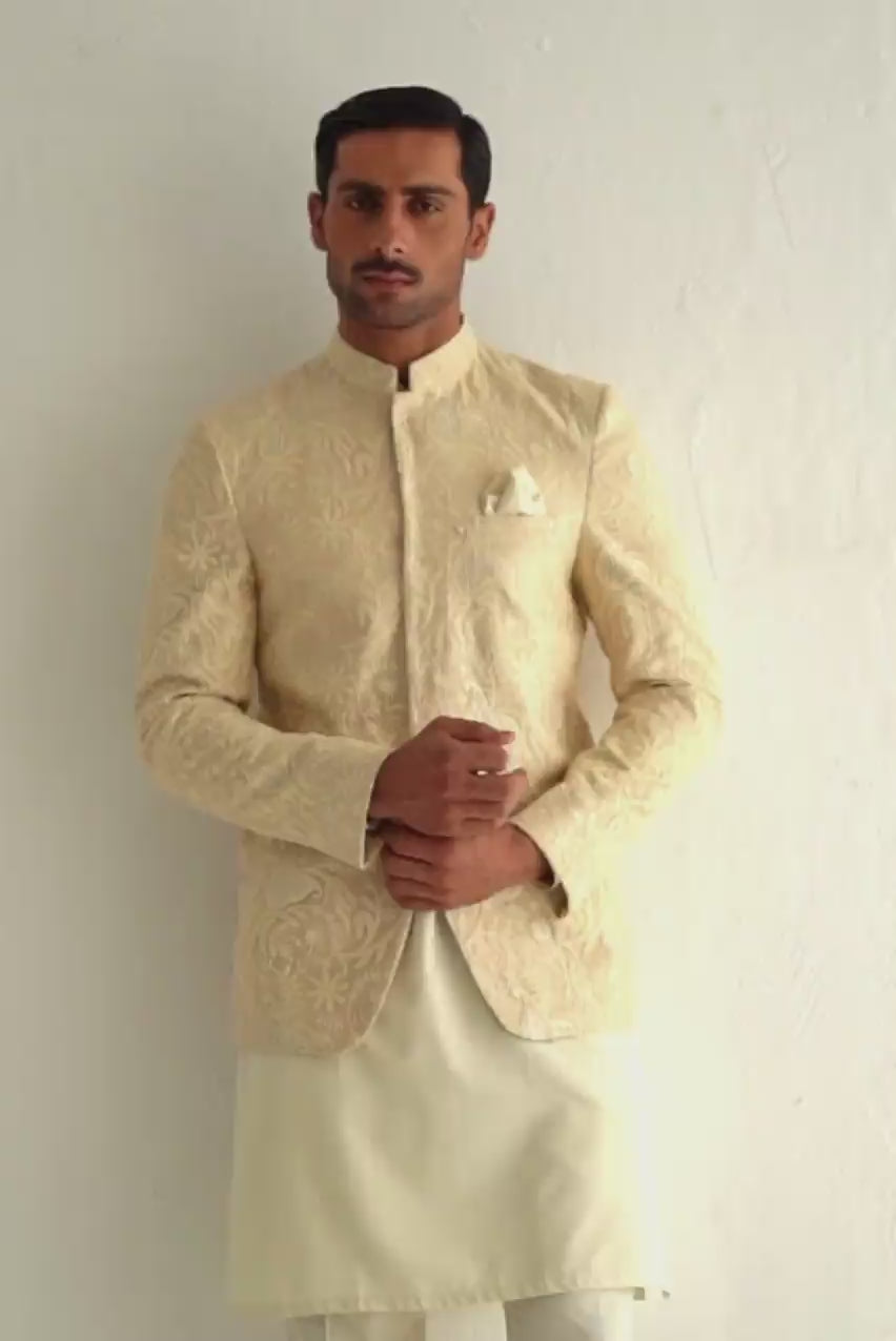 BEIGE EMBOSSED PRINCE COAT Humayunalamgir