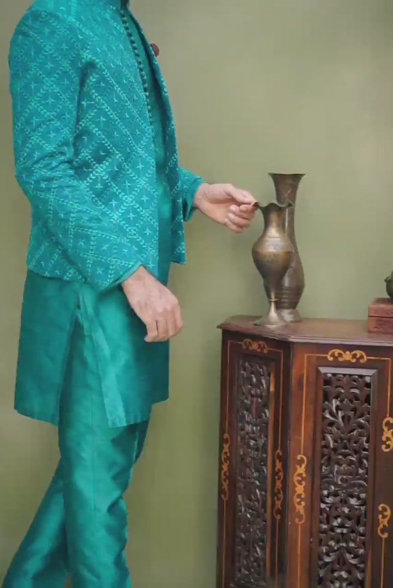 TEAL BLUE SEQUENCE EMBRODERY FRONT OPEN PRINCE COAT humyaunalamgir