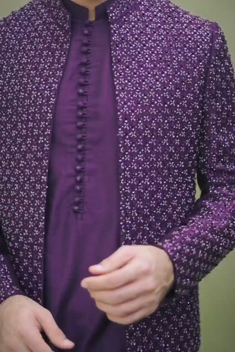 PURPLE SELF JAMAWAR HAND WORK PURPLE EMBROIDERY FRONT OPEN PRINCE COAT Mehndi Collection humyaunalamgir