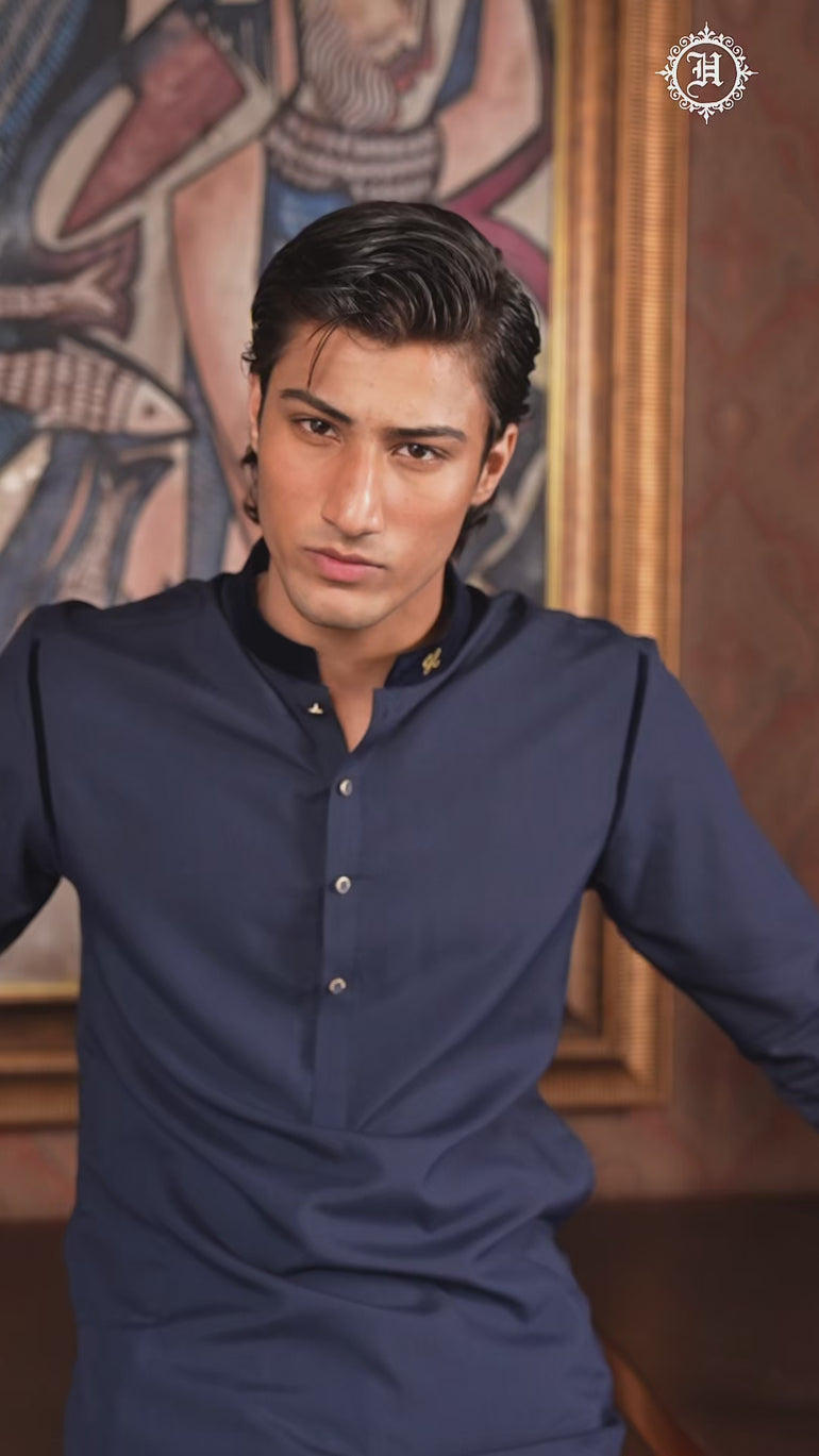 NAVY BLUE CHAMBRAY WASH N WEAR KURTA PAJAMA Clothing Humayunalamgir
