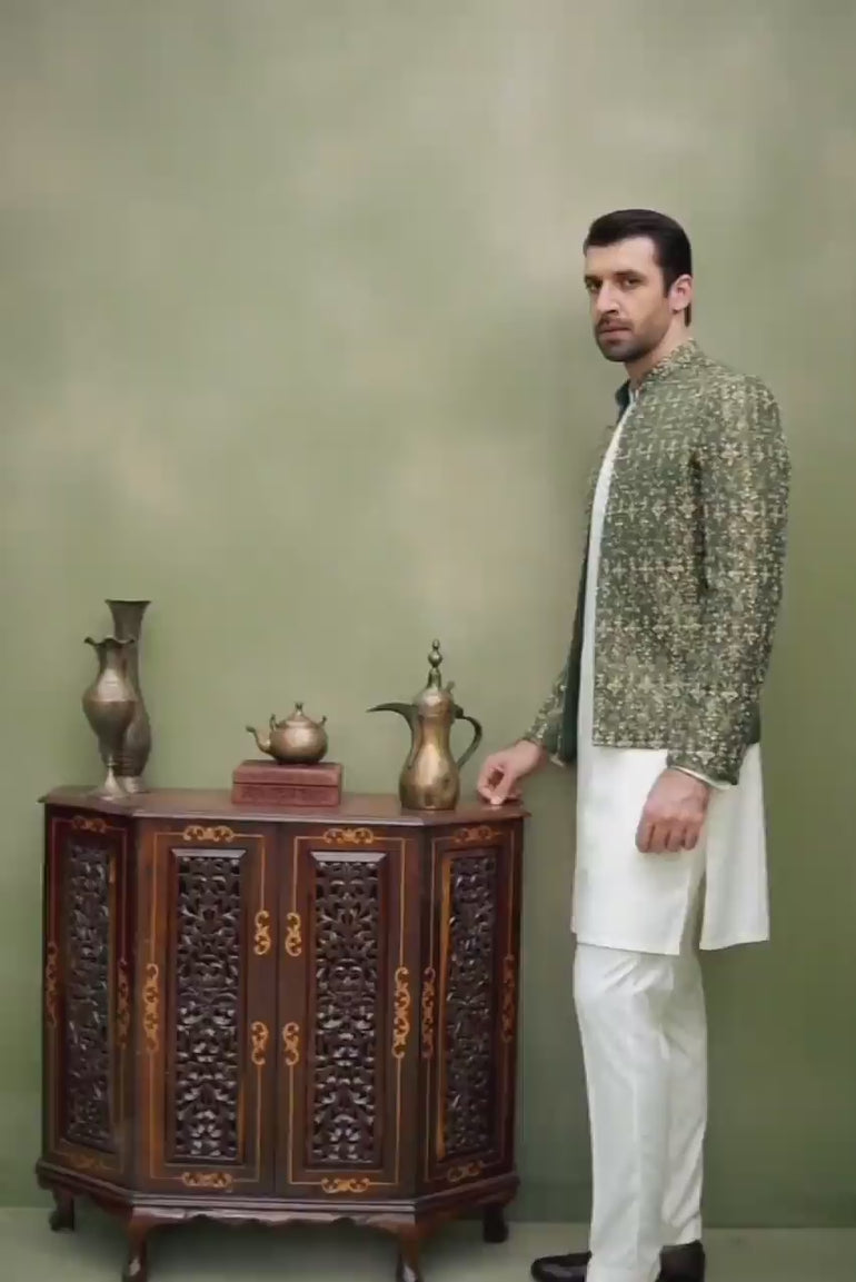 GREEN GOLDEN HANDWORK ZARI JAMAWAR PRINCE COAT humyaunalamgir