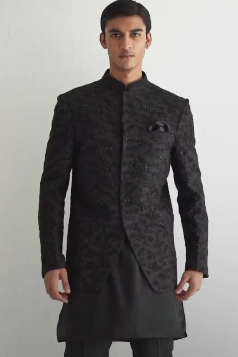 BLACK EMBROIDERED CUTDANA PRINCE COAT Humayunalamgir