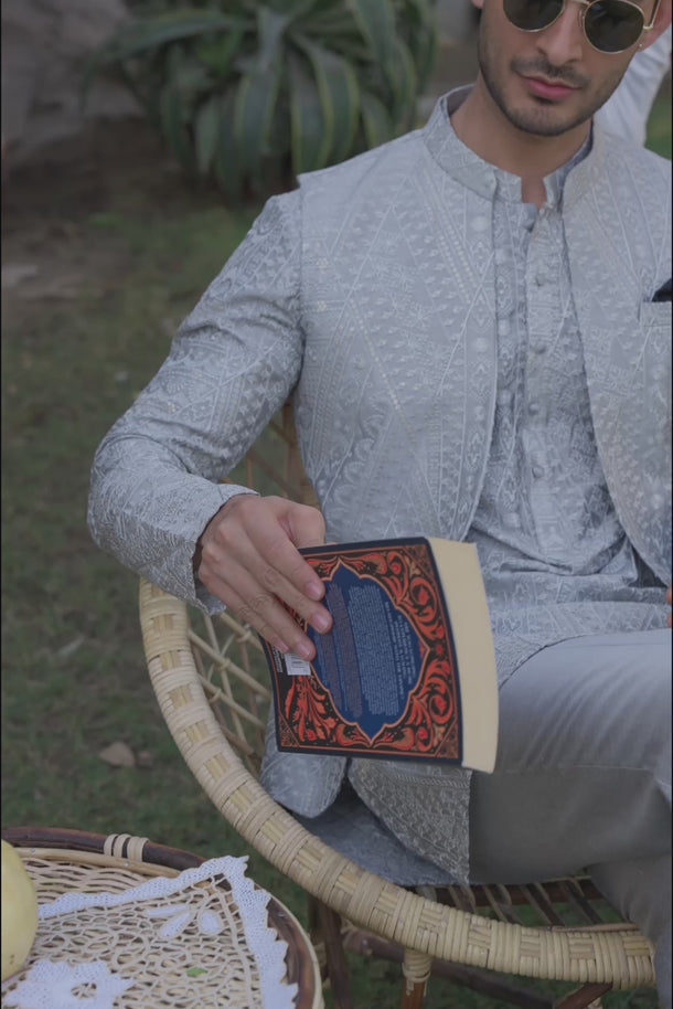 Silver Grey Tarqee Kurta Pajama Clothing Humayunalamgir
