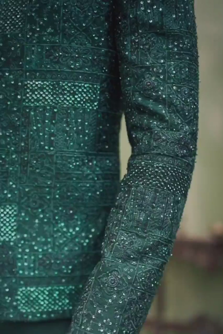 DARK GREEN EMBOSSED HANDWORK FRONT OPEN PRINCE COAT Mehndi Collection humyaunalamgir