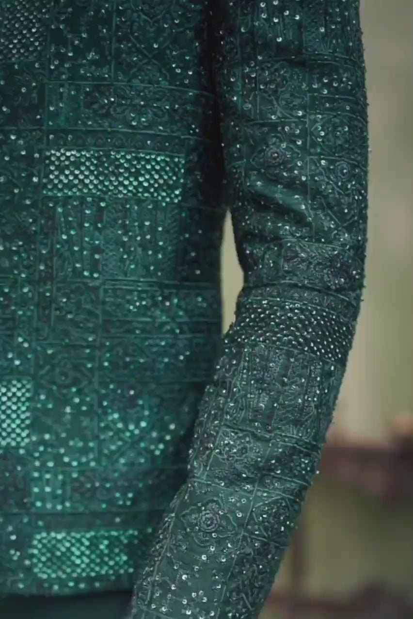 DARK GREEN EMBOSSED HANDWORK FRONT OPEN PRINCE COAT Mehndi Collection humyaunalamgir