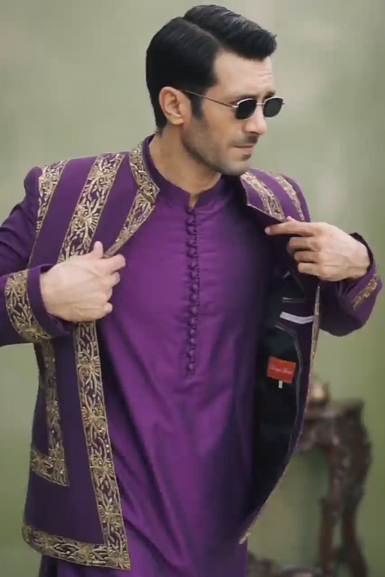 PURPLE COTTON SILK GOLDEN HAND EMBROIDERY FRONT OPEN PRINCE COAT Mehndi Collection humyaunalamgir