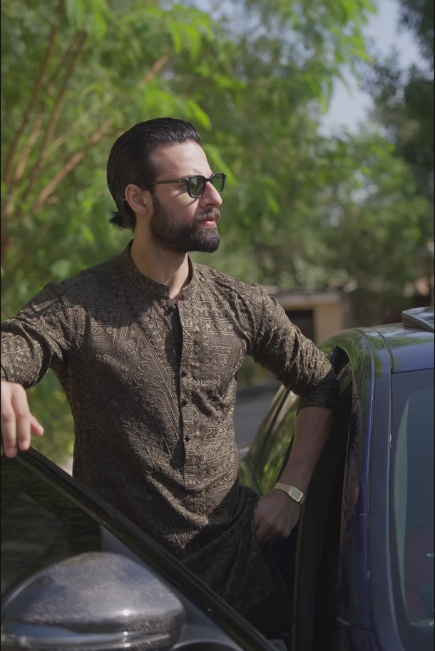 Olive Green Tarqee Kurta Pajama Clothing Humayunalamgir