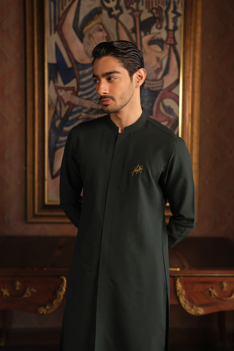 BOTTLE GREEN CHAMBRAY WASH N WEAR KURTA PAJAMA Clothing Humayunalamgir