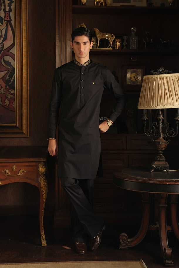 BLACK STRETCHABLE COTTON KURTA PAJAMA Clothing Humayunalamgir