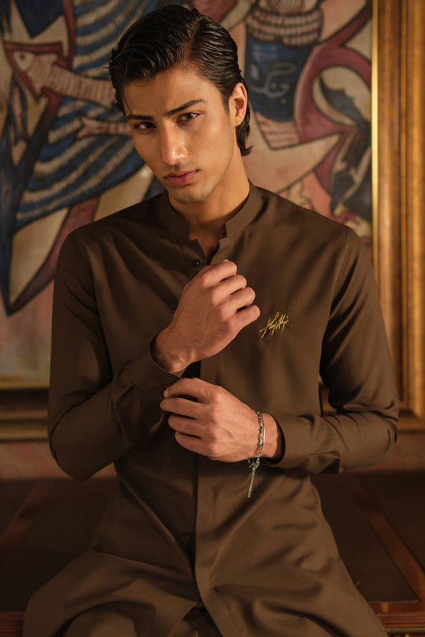 LIGHT BROWN SELF CHAMBRAY WASH N WEAR KURTA PAJAMA Clothing Humayunalamgir