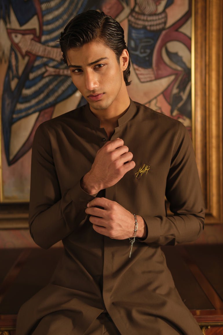 LIGHT BROWN SELF CHAMBRAY WASH N WEAR KURTA PAJAMA Clothing Humayunalamgir