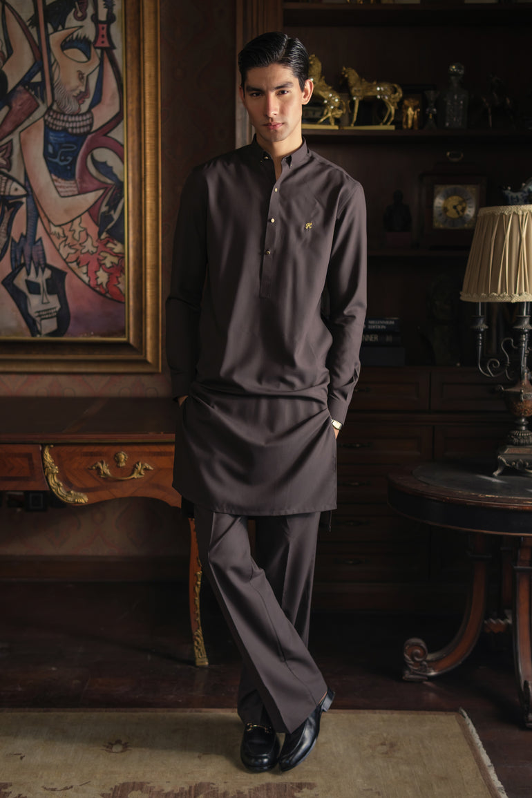 BROWN CHAMBRAY WASH N WEAR KURTA PAJAMA Clothing Humayunalamgir