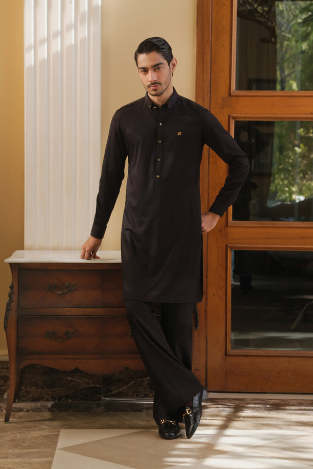 BLACK COTTON SATIN KURTA PAJAMA Clothing Humayunalamgir