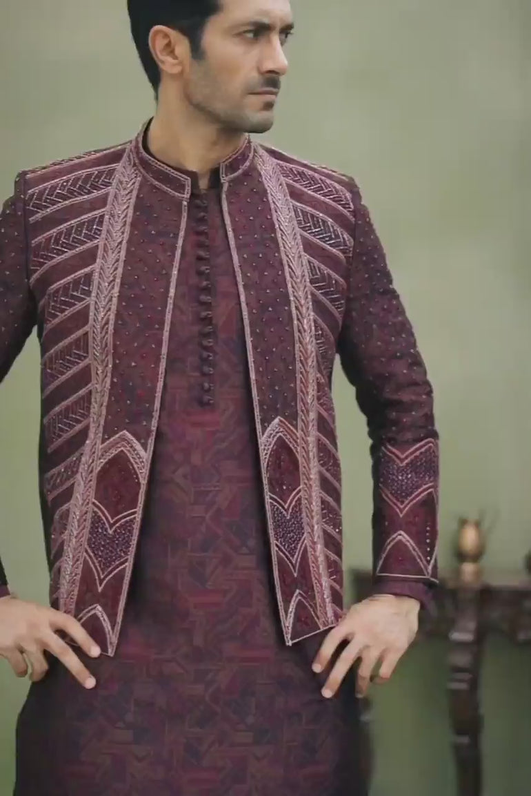 BROWN SELF FULL HANDWORK FRONT OPEN PRINCE COAT Mehndi Collection humyaunalamgir