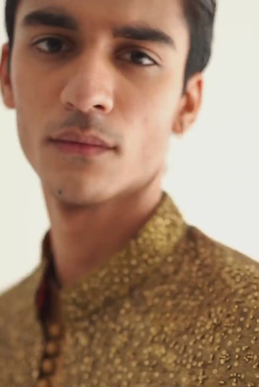 GOLDEN SELF EMBOSSED SHERWANI Humayunalamgir