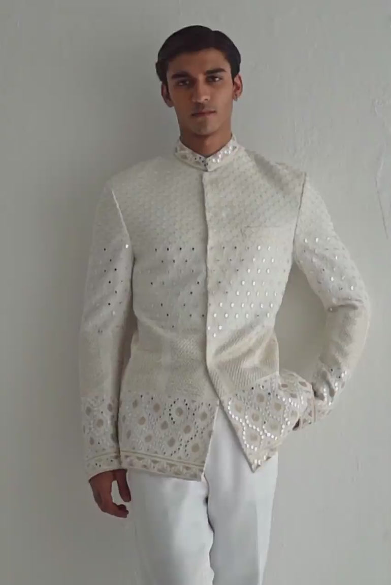 WHITE EMBOSSED MIRROR WORK PRINCE SUIT Humayunalamgir