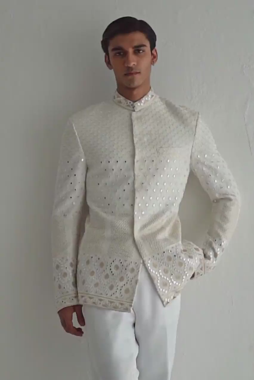 WHITE EMBOSSED MIRROR WORK PRINCE SUIT Humayunalamgir