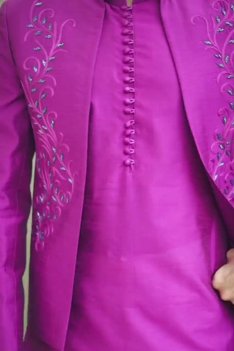 FUCHSIA PINK RAW SILK HAND WORK FRONT OPEN PRINCE COAT Mehndi Collection humyaunalamgir
