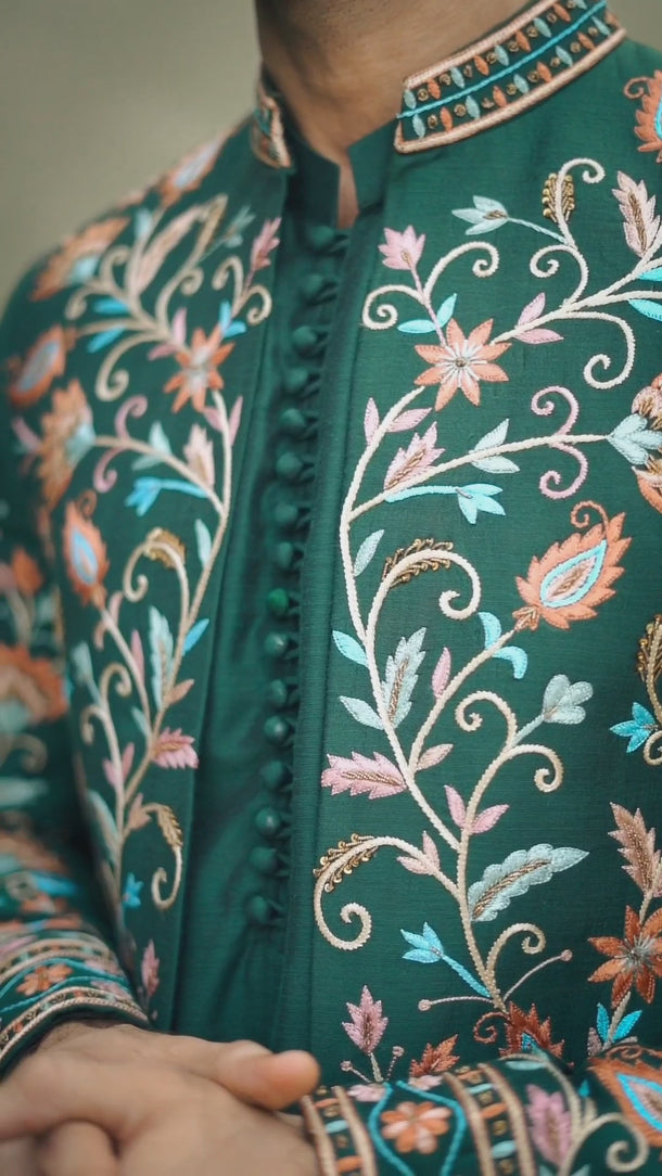 Dark Green Multi Colour Hand Work Front Open Prince Coat humyaunalamgir