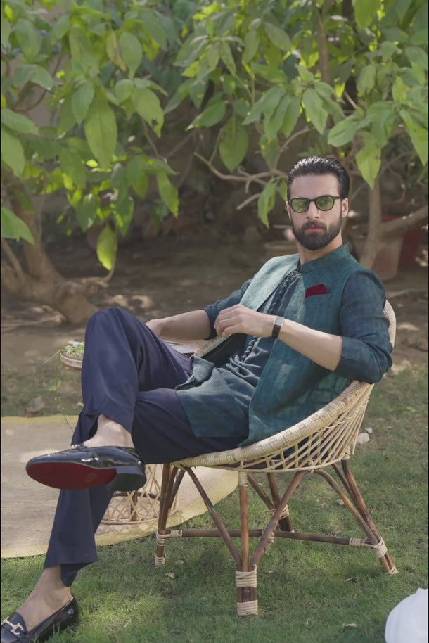 Teal Green & Blue Muhazzab Kurta pajama Clothing Humayunalamgir