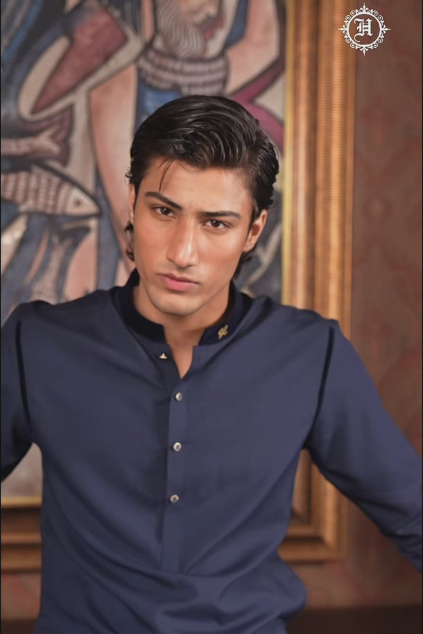 NAVY BLUE CHAMBRAY WASH N WEAR KURTA PAJAMA Clothing Humayunalamgir