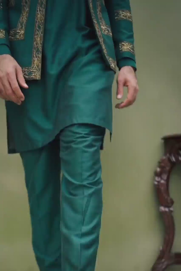 TEAL GREEN COTTON SILK GOLDEN HAND EMBROIDERY FRONT OPEN PRINCE COAT Mehndi Collection humyaunalamgir