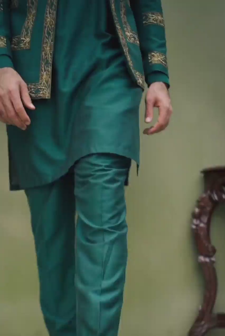 TEAL GREEN COTTON SILK GOLDEN HAND EMBROIDERY FRONT OPEN PRINCE COAT Mehndi Collection humyaunalamgir