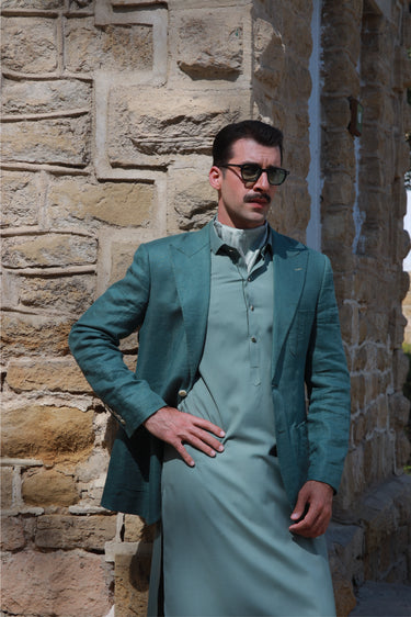 GREEN LINEN BLAZER Humayunalamgir
