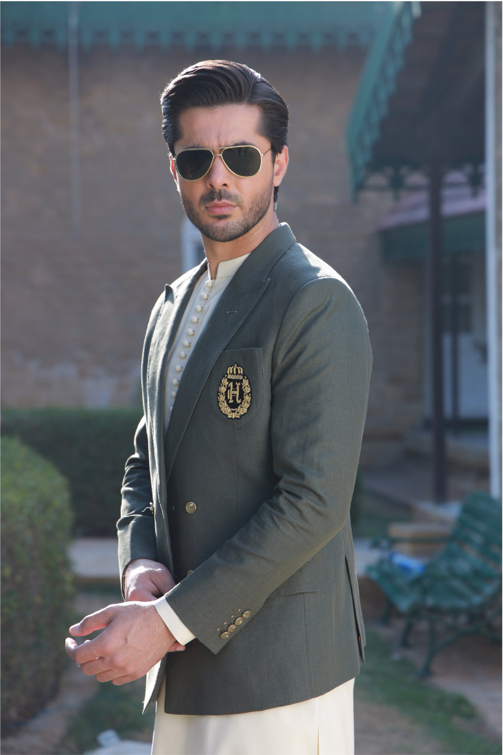 OLIVE GREEN LINEN DOUBLE BREASTED BLAZER Humayunalamgir