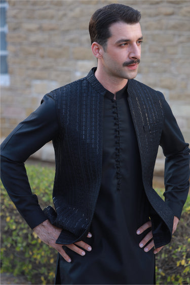 BLACK SEQUENCE WAIST COAT Humayunalamgir