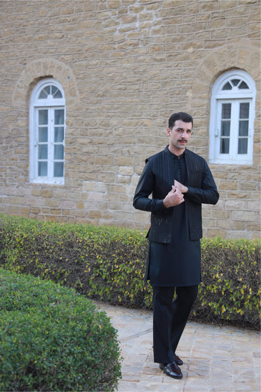 BLACK SEQUENCE WAIST COAT Humayunalamgir