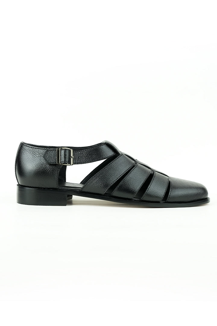 Jet Black Roman Strap Sandal SLIDES-SLIPONS Humayun Alamgir