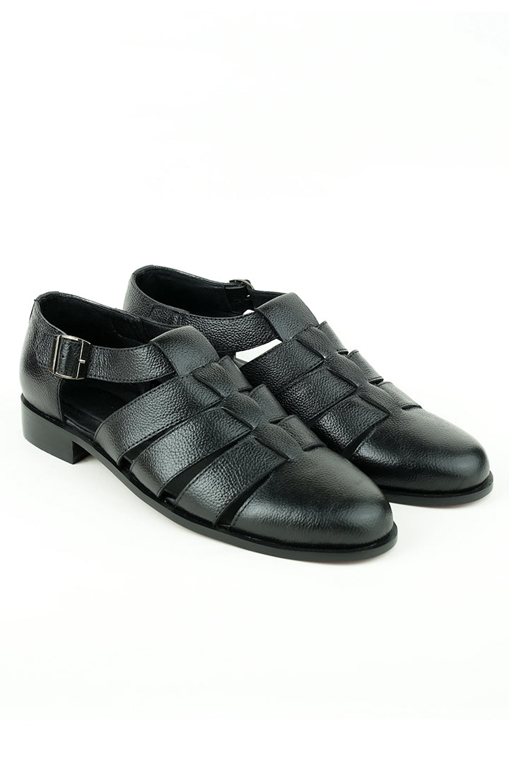 Jet Black Roman Strap Sandal SLIDES-SLIPONS Humayun Alamgir