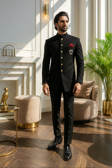 BLACK PRINCE SUIT WITH GOLDEN MOTIVE prince suits Humayun Alamgir