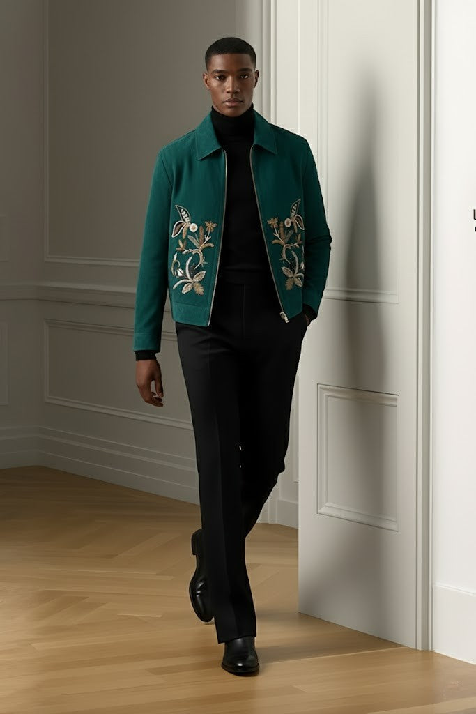 Embroidered Teal Green Velvet Zipper Jacket Winter Jackets Humayun Alamgir