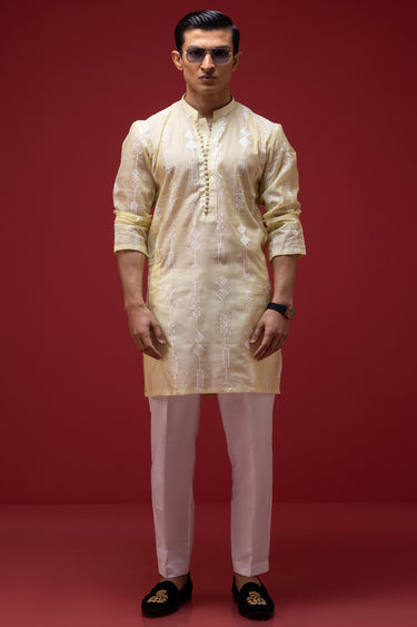 Lemon Yellow Cotton Silk Kurta Pajama Humayun Alamgir