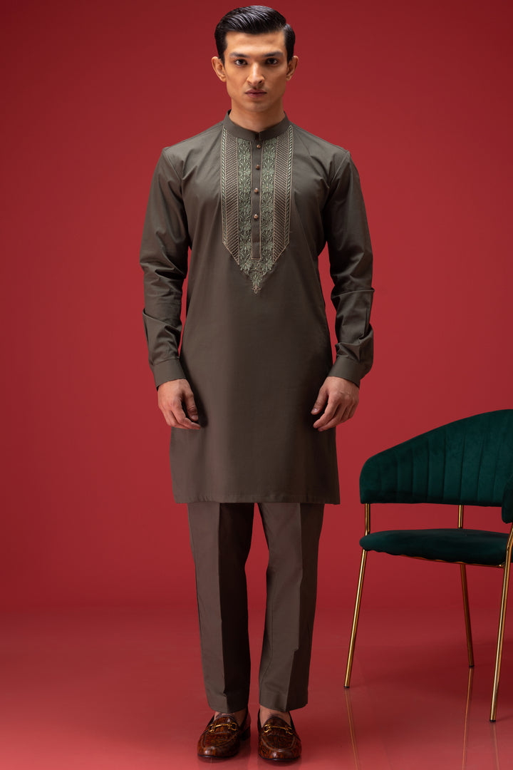 Olive Green stretchable Cotton Kurta Pajama Humayun Alamgir S