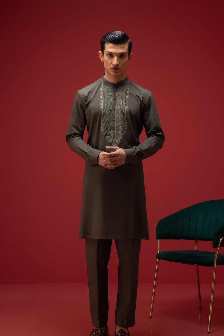 Olive Green stretchable Cotton Kurta Pajama Humayun Alamgir