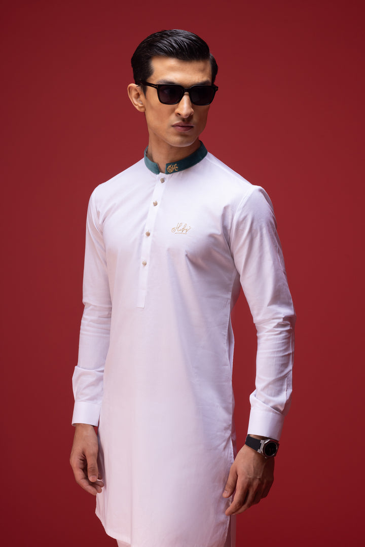 White Chambray Cotton Kurta Pajama Humayun Alamgir