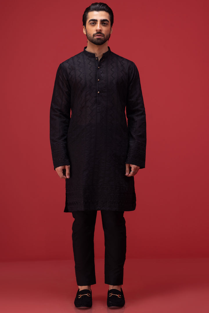 Black Sherwani Collar Kurta Pajama