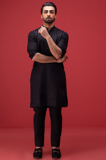 Black Sherwani Collar Kurta Pajama Humayun Alamgir
