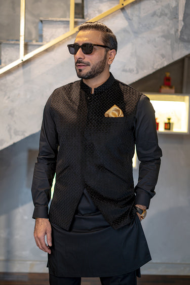 Black Self Embossed WaistCoat HumayunAlamgir S Waist Coat